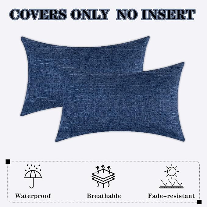 Kevin Textile Outdoor Waterproof Lumbar Pillow Covers 12x24 Inch Pack of 2 Checkered Decorative Rectangle Cushion Throw Pillowcases Shell for Patio Tent Garden Couch Bed Sofa Blue