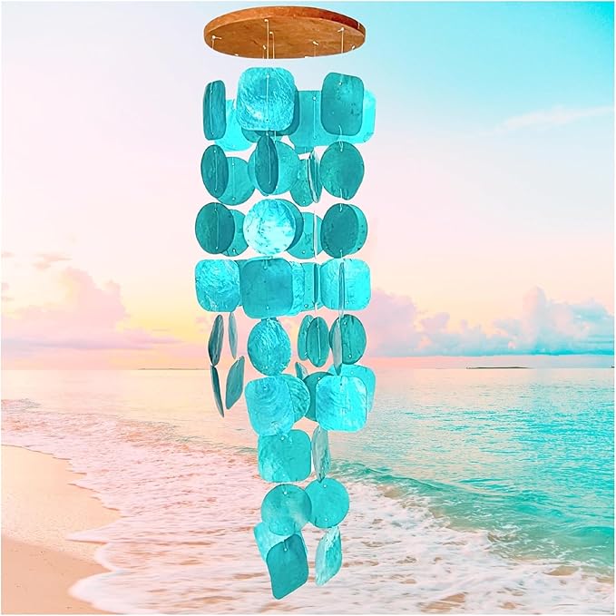Bellaa 20744 Wind Chimes Outdoor, Garden Decorations, Musical, Indoor/Outside Windchimes, Beach, Ocean Breeze, Gifts for Mom, Gift for All Occasions, Capiz Shells Turquoise