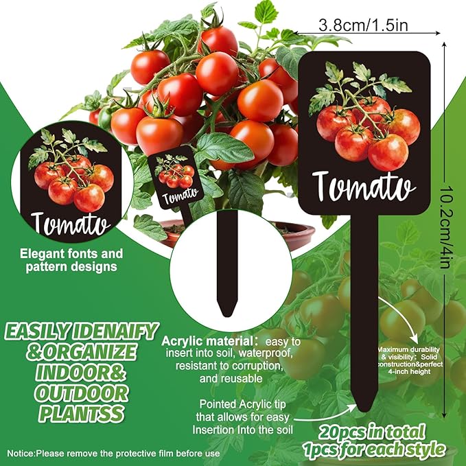 Whaline 20Pcs Watercolor Vegetable Plant Label Signs 20 Styles Garden Markers Waterproof Black Acrylic Plant Stake Tags with Names for Nursery Indoor Outdoor Garden Decor