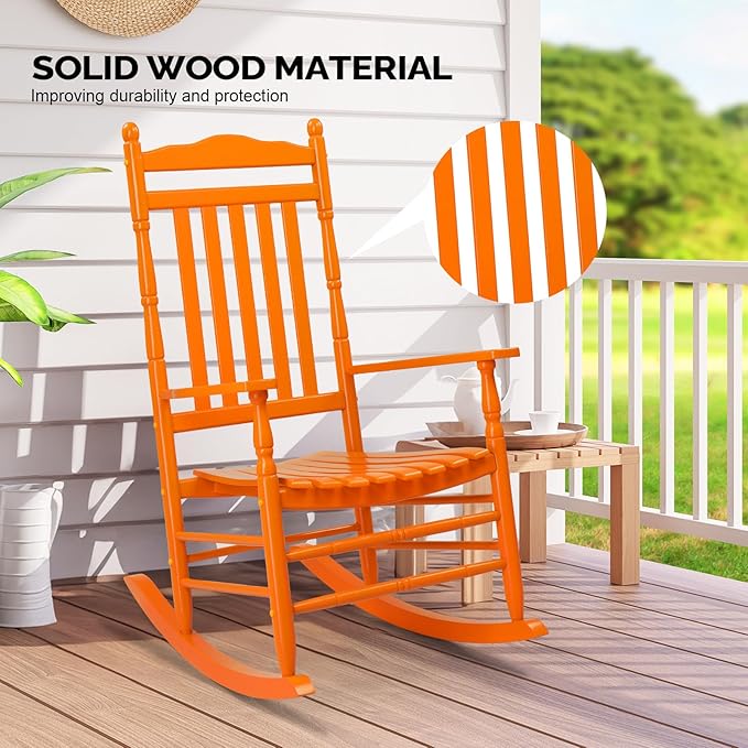 VINGLI Wooden Rocking Chair Outdoor, Patio Rockers with High Back, Support 450 LBS Rocking Chairs, for Porch, Patio, Balcony, Garden, Yard (Orange, 2 PCS)