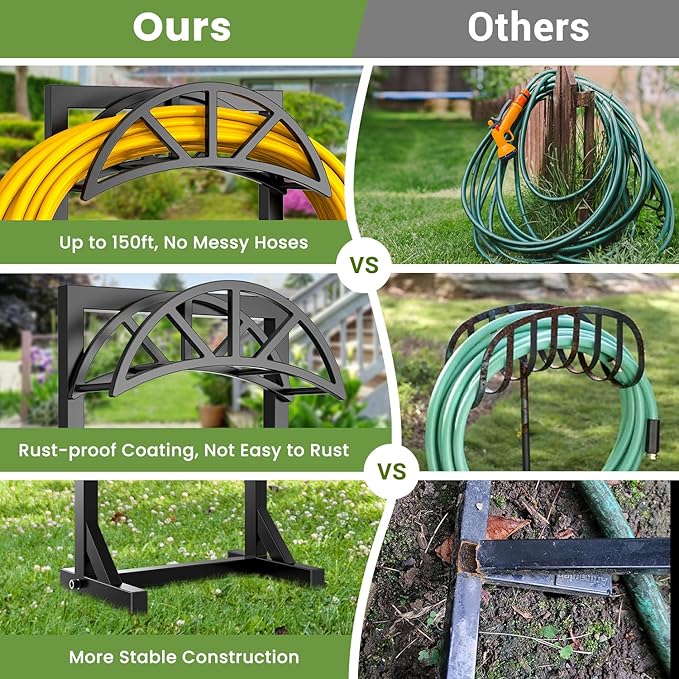 Freestanding Garden Hose Holder, Heavy Duty Water Hose Holder Stand with Stable 4-Spike Base, Fits 5/8" Hoses up to 150ft, No-Drill Yard Storage Alternative to Hose Reel