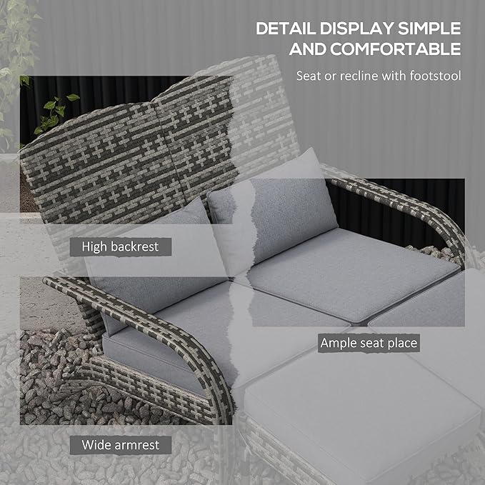 Outsunny Wicker Adirondack Chair for 2 with Cushions & Footrests, PE Rattan Double Chaise Lounge Chair, Fire Pit Chair for Porch with High-Back, Wide Armrests, Mixed Gray