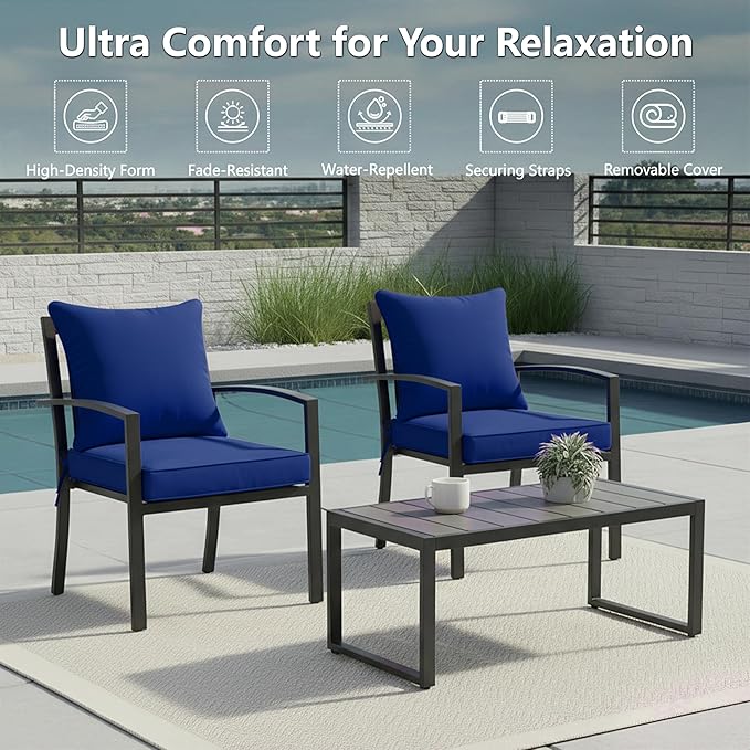19x19 Inch Patio Chair Cushions Set of 2, Outdoor Furniture Cushions - Removable Cover, Water-Repellent, Fade-Resistant, Non-Slip Bottom & Straps, Replacement for Lawn, Porch & Deck Chair - Navy