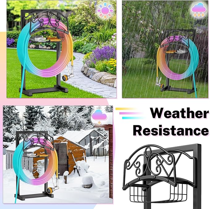 Garden Hose Holder, Metal Water Hose Holder with Storage Basket, Heavy Duty 4 Spikes Hose Hanger Holds 150 Feet Hoses, Freestanding Hose Storage Reel Rack for Outdoor Yard Lawn