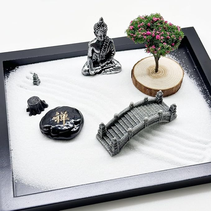 Woohome Mini Zen Garden Kit - Desktop Decor With White Sand, Rocks, Chairs, Towers, Bridges, Model Trees for Home Office