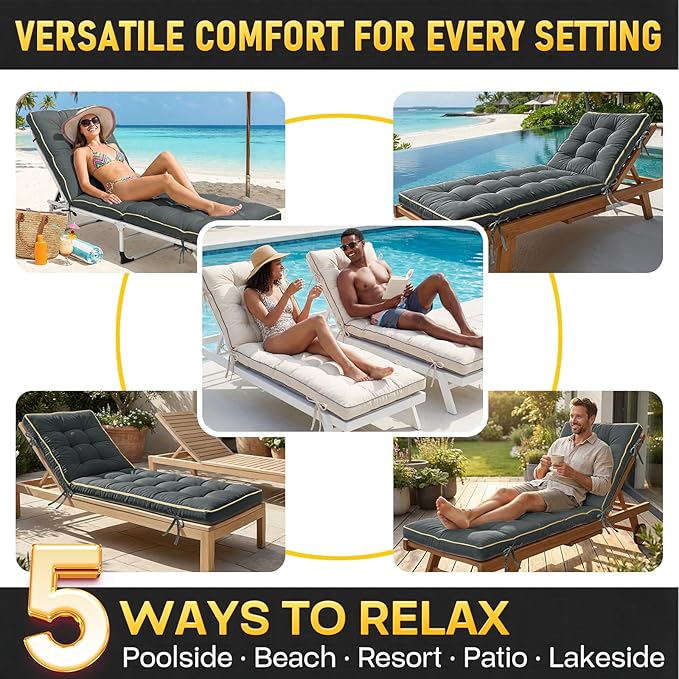 2 Pack 72x21 Inch Folding Chaise Lounge Cushion Quick Dry - Outdoor Sun Lounger Seat Pad with Shredded Foam for Patio Furniture, Deck Chairs, Poolside (Gray, 72 INCH × 21 INCH-2 Pack)