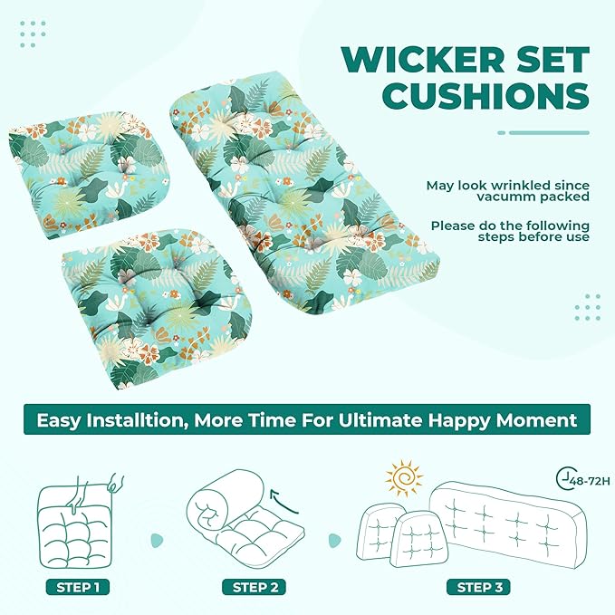 Wicker Chair Cushions, Waterproof Outdoor Loveseat Cushions for Patio Furniture, Tufted Wicker Furniture Cushions, 1 Loveseat and 2 U-Shaped Cushions (Cyan Flower)