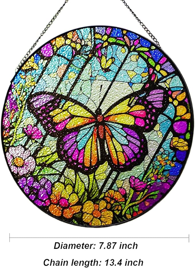 Generic Butterfly Stained Glass Suncatcher Artistic Window Hanging,7.8” Hand-Painted Glass Panel Wall Home Decor,Gift for Women Garden Decor Suncatcher, BL009