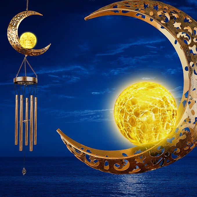 Solar Wind Chimes, Sun Wind Chime Outdoor Clearance w/Glowing Crackle Glass LED Unique Wind Bells for Outside Waterproof Chimes, Gifts for Her/Him (42" Long Metal Chimes)…
