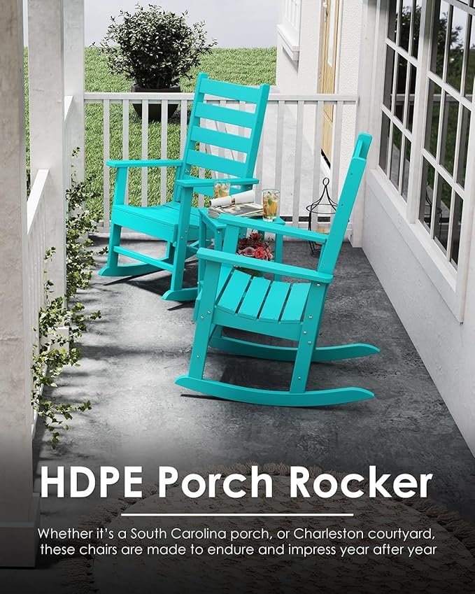 GREENVINES Outdoor Rocking Chairs Set of 2 | HDPE Plastic | Patio-Rocker-Chair | Porch Rocker | Shaker | Oversized | High Ladder Back | Big and Tall | PentaLuxe | Aqua