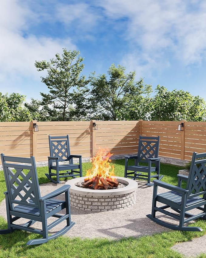 GarveeLife Outdoor Rocking Chair, HDPE Weather Resistant Patio Rocking Chair Porch Rocker with Wood Texture & 380 LBS Support for Deck, Pool, Backyard, Navy Blue