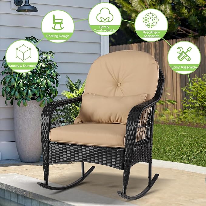Outdoor Wicker Rocking Chair, 2 Piece PE Rattan Rocker Set with Cushion & Pillow, Outdoor Rocking Furniture for Garden, Porch, Backyard, Poolside (Black Rattan+Khaki Cushion)