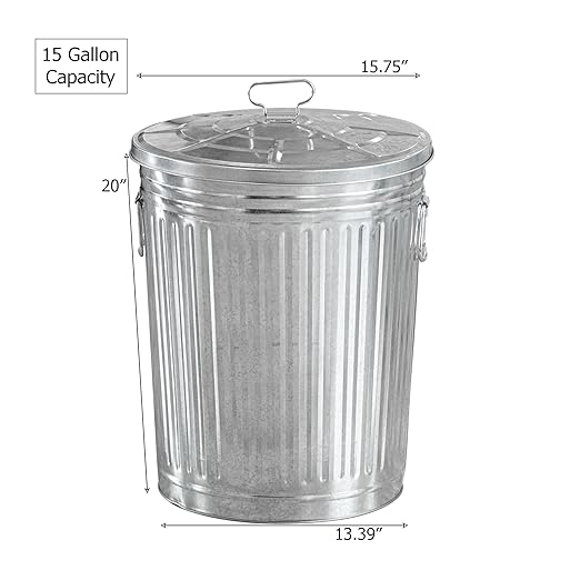 Gardenised Round Galvanized Steel 15 Gallon Trash Can with Lid and Handles Durable Metal Storage Bucket for Backyard Lawn Garden and Yard Use Weather-Resistant Garbage Can for Indoor and Outdoor