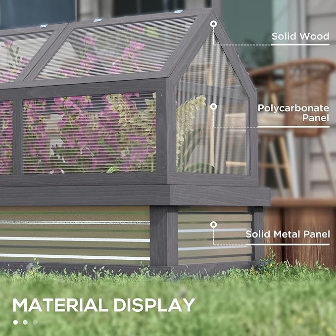 Outsunny Raised Garden Bed with Polycarbonate Greenhouse, Wooden Garden Cold Frame Greenhouse, Flower Planter Protection, 48" x 24" x 32", Gray