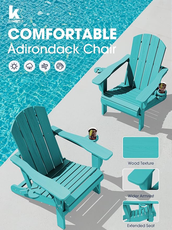 KINGYES Folding Adirondack Chair Set of 4, Dual Cup Holders & All-Weather HDPE, Wood-Like Patio Chair for Backyard, Camping, Pool & Fire Pit, Aruba