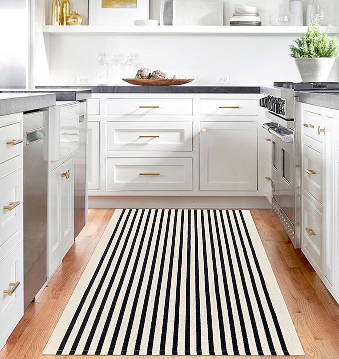 IOHOUZE Black Beige Striped Rug -4'x6' Front Door Rugs Outdoor, Washable Area Rug for Double Front Porch, Large Patio Rug Outdoor Indoor, Doormat for Entryway Porch Entrance