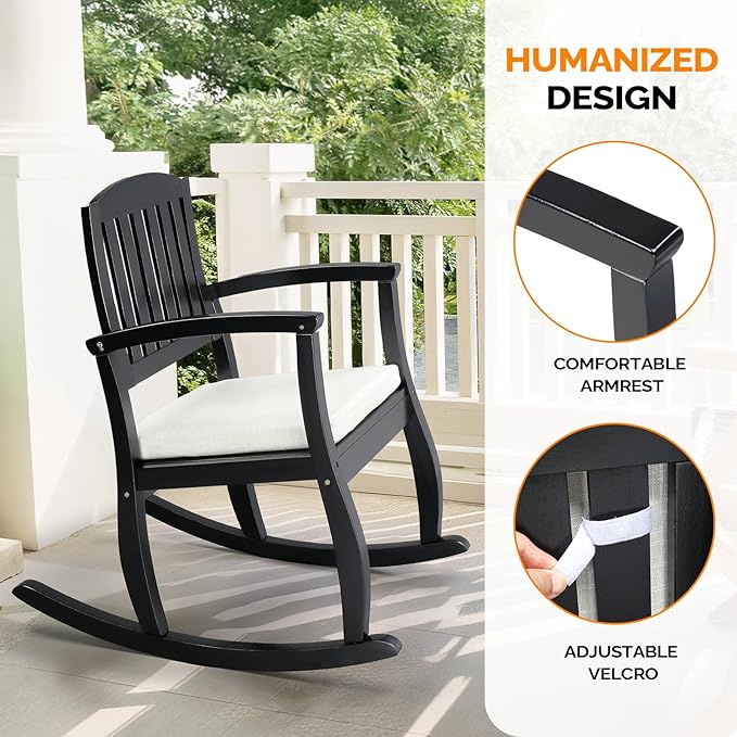 VINGLI Wooden Rocking Chair with Cushion,Outdoor Indoor Rocking Chair Supports Up to 450 lbs,Chair with Comfortable Backrest for Patio, Porch, Balcony (1, Black)