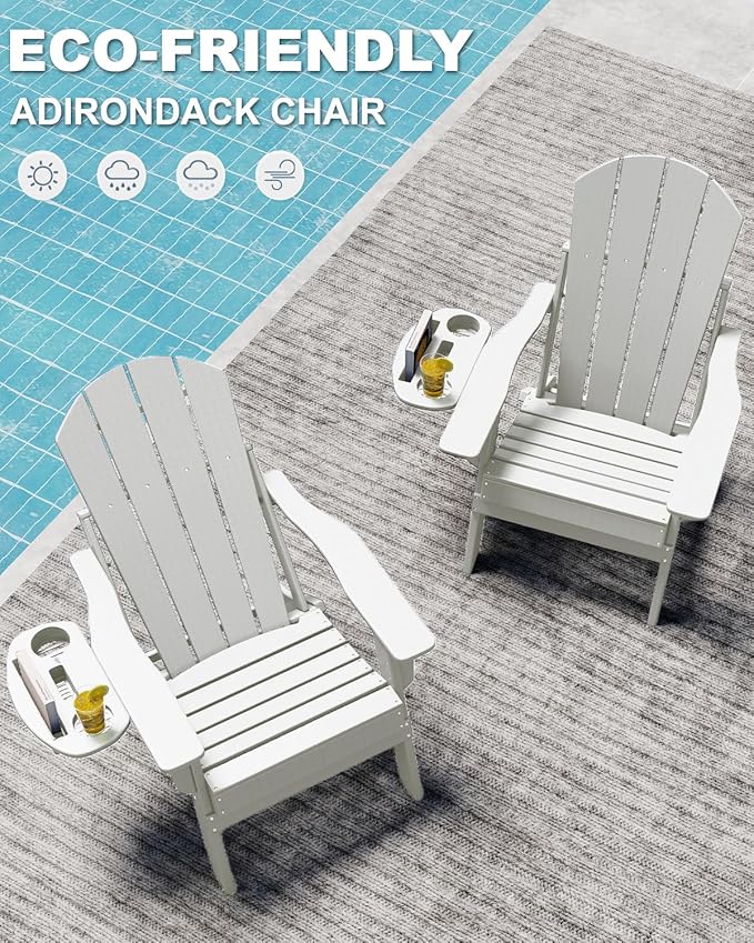 Adjustable Adirondack Chair Set of 8 with Cup Holder, All Weather HDPE Fire Pit Chairs for Deck, Backyard, Patio, White