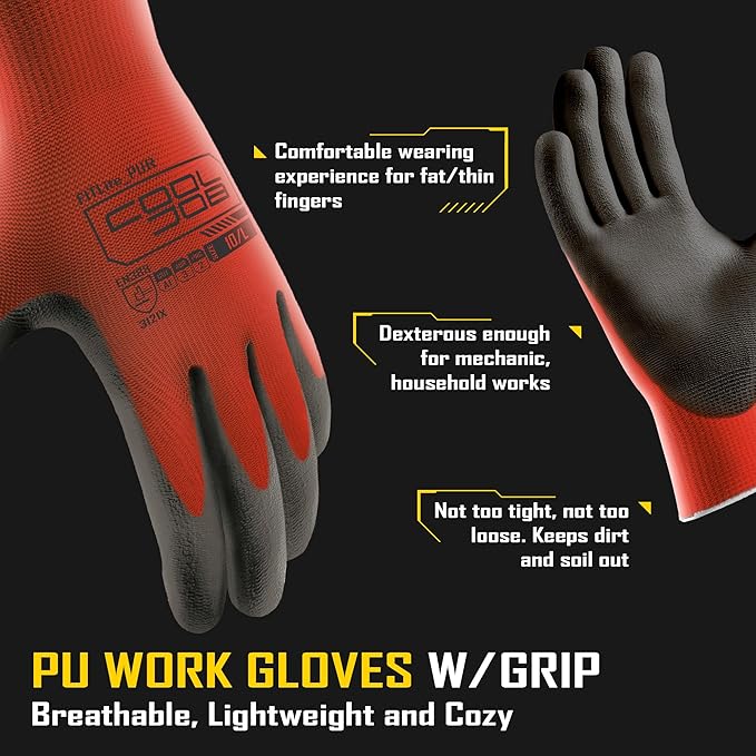 COOLJOB 12/60 Pairs Safety Work Gloves Pack Bulk with Grip PU Coating, 13 Gauge Seamless Knit Gloves with Polyurethane Dipped for Warehouse Working, Breathable Lightweight for Men Women, Red Medium