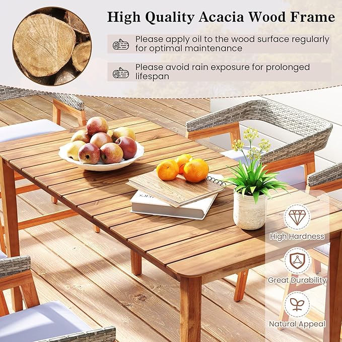 Tangkula 5 Piece Patio Dining Set for 4, Outdoor Solid Wood Rectangle Table Set with Cushioned Armrest Chairs,for Deck, Poolside, Outside and Lawn