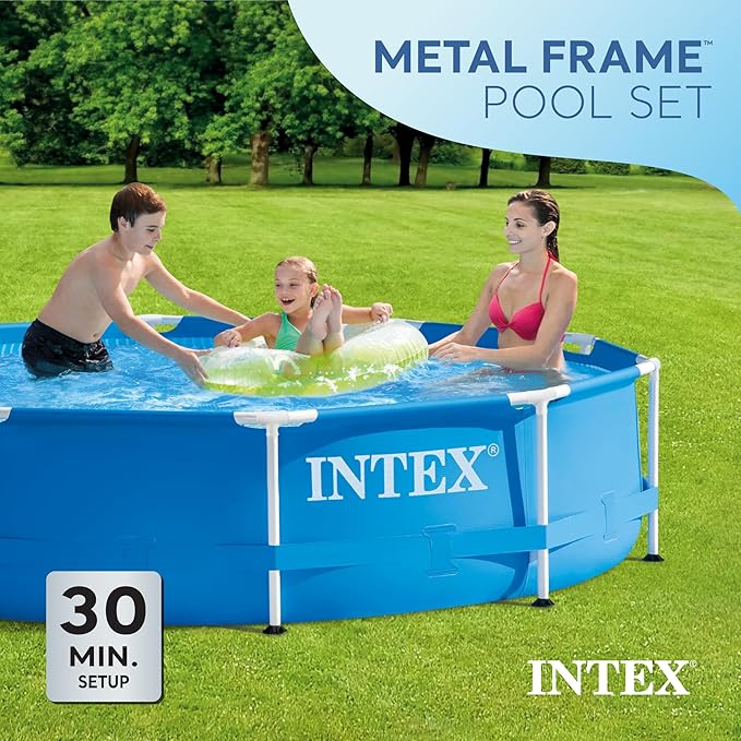 INTEX Pool Metal Frame 10'x30" Round Outdoor Swimming Pool Set with 330 GPH Filter Pump, Pool Cover, and Type H Filter Cartridge Replacements (6 pack)