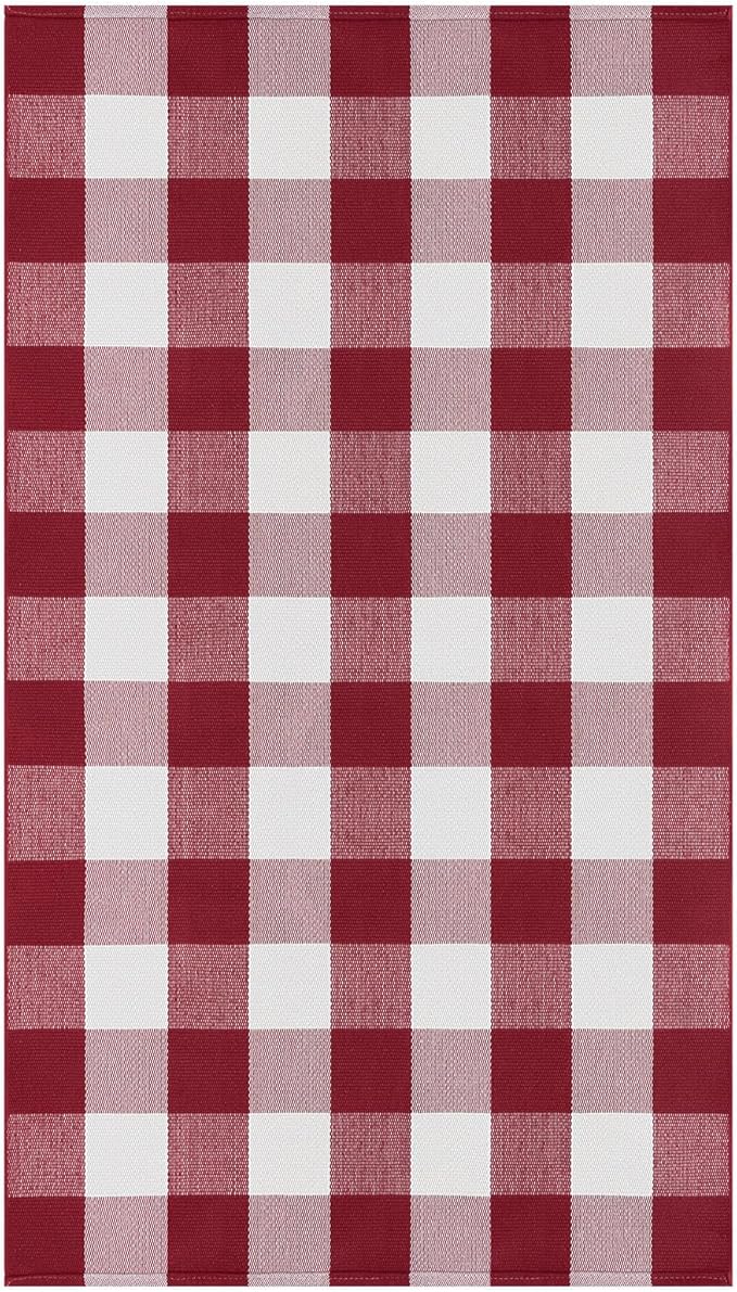IOHOUZE Christmas Buffalo Plaid Rug 3x5 Ft Outdoor Indoor Doormat Red White Check Washable Area Rug Woven Cotton Checkered Front Porch Mat Christmas Decor for Front Door Entryway Living Room