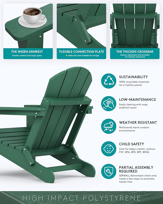SERWALL Foldable Adirondack Chair Set of 4 for Patio Garden Outdoors Fire Pit Chairs-Green