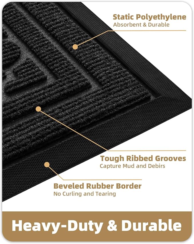 Color&Geometry Front Door Mat Outside Entrance, Heavy Duty Non Slip Low Profile Doormat for Entryway, Trap Dirt and Moisture Welcome Mats All-Weather, Easy Clean, Patio, Garage, 24"x48" Black
