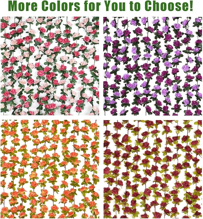 BLEUM CADE 12Pcs 98.4Ft Flower Garland Artificial Rose Vines for Bedroom, Cute Fake Hanging Flower Vines Floral Garland Decorations for Wedding Party Wall Room Decor Aesthetic