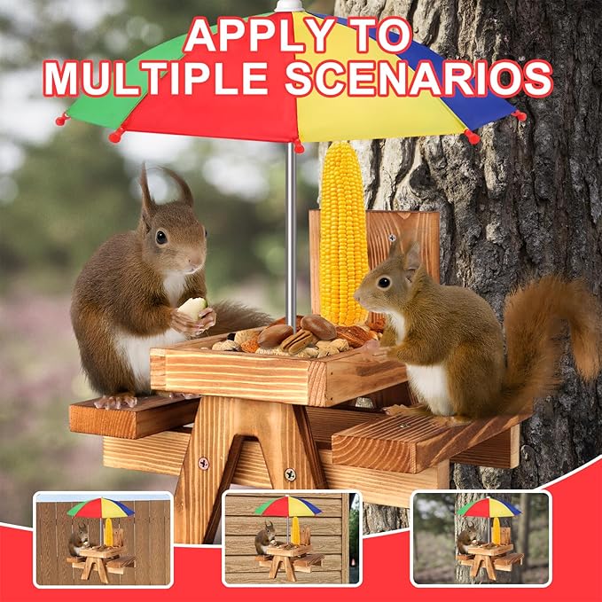 Gnodary Squirrel Feeder with Umbrella, Squirrel Feeders for Outside, Squirrel Picnic Table Feeder - Chipmunk Feeder Hold Corn, Corn Cob, Peanuts (Multiple Color 1)