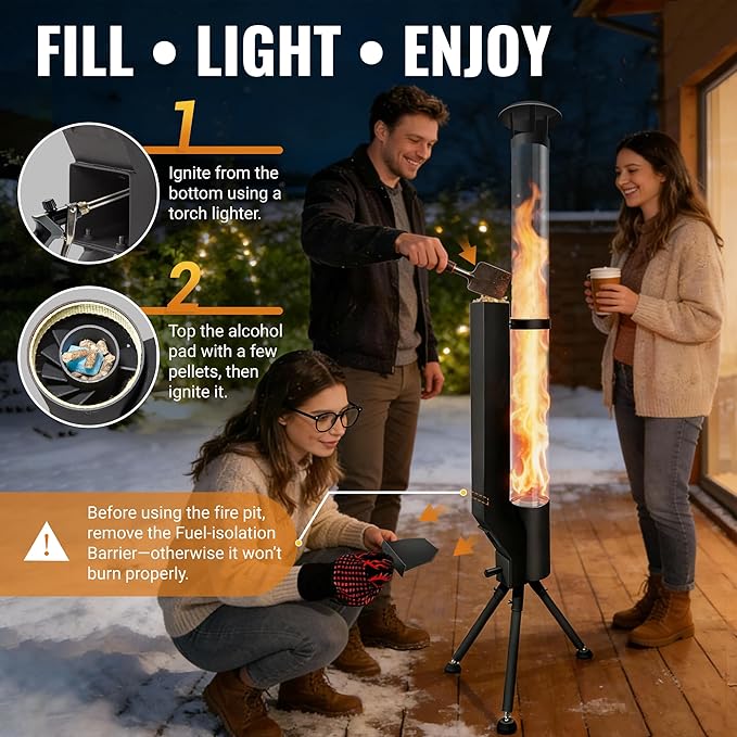 63" Wood Pellet Stove Outdoor Fire Pit with Safe-Guard Kit (Glove, Cover, Ground Stakes), Smokeless Spiral Flame Patio Heater with Quick-Extinguish Barrier for Backyard, Garden, Patio, Bonfire