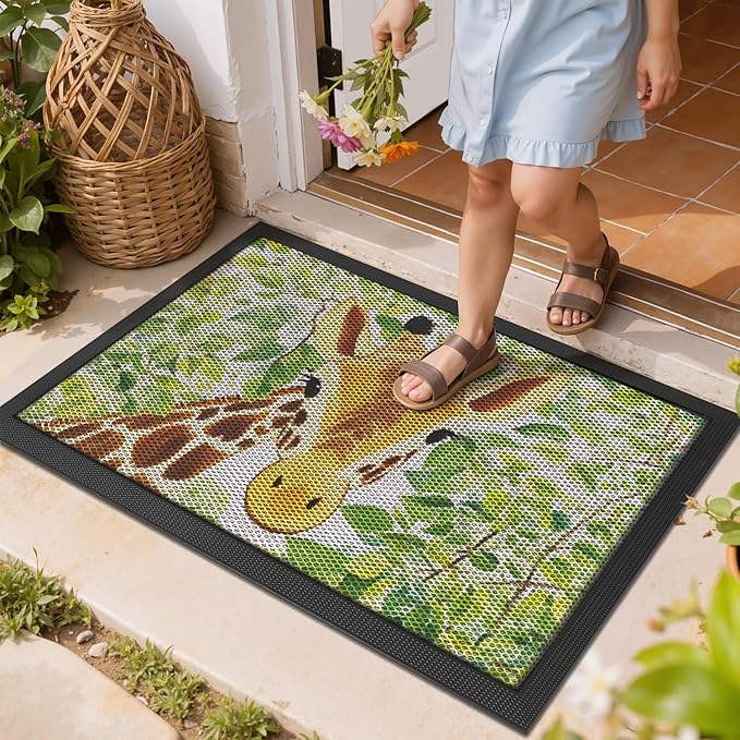 LUMI Outside Door Mat 24x36, Non Slip Rubber Backing Doormat, Low Profile Easy Clean Entrance Mats for Front Back Door Entryway Porch Garage, Giraffe