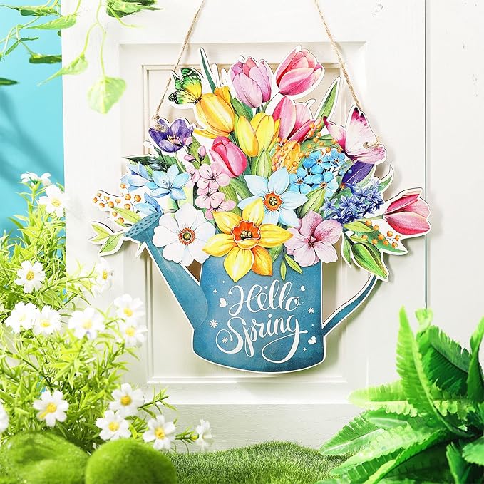 Juexica Spring Decorations for Home Spring Wreaths for Front Door Flower Sign Easter Door Hanger Decorations Rustic Flower Wall Decor for Easter Party Outdoor Indoor Decor