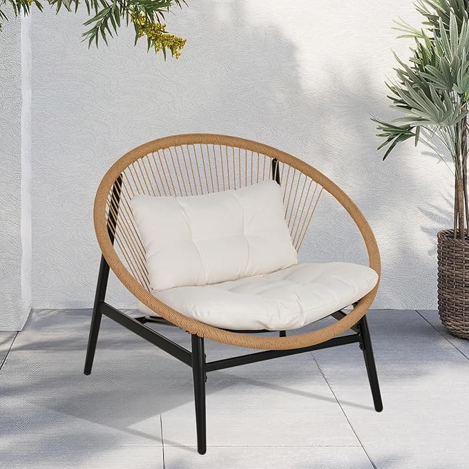 Grand patio 1-Piece Wicker Outdoor Chair, Patio Oversized Chair with Beige Cushion, Outdoor Furniture Set for Porch Balcony Deck Garden