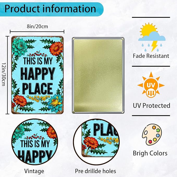 Garden Patio Yard Decor Metal Tin Sign Vintage Rustic Wall Art This Is My Happy Place Plaque for Outdoor Wall Decor 12x8 Inch