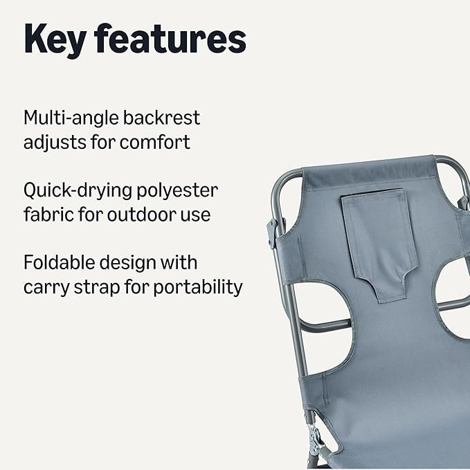 Amazon Basics Outdoor Lounge Chair, Foldable Design with Multi-Angle Backrest, Grey, 1-Pack