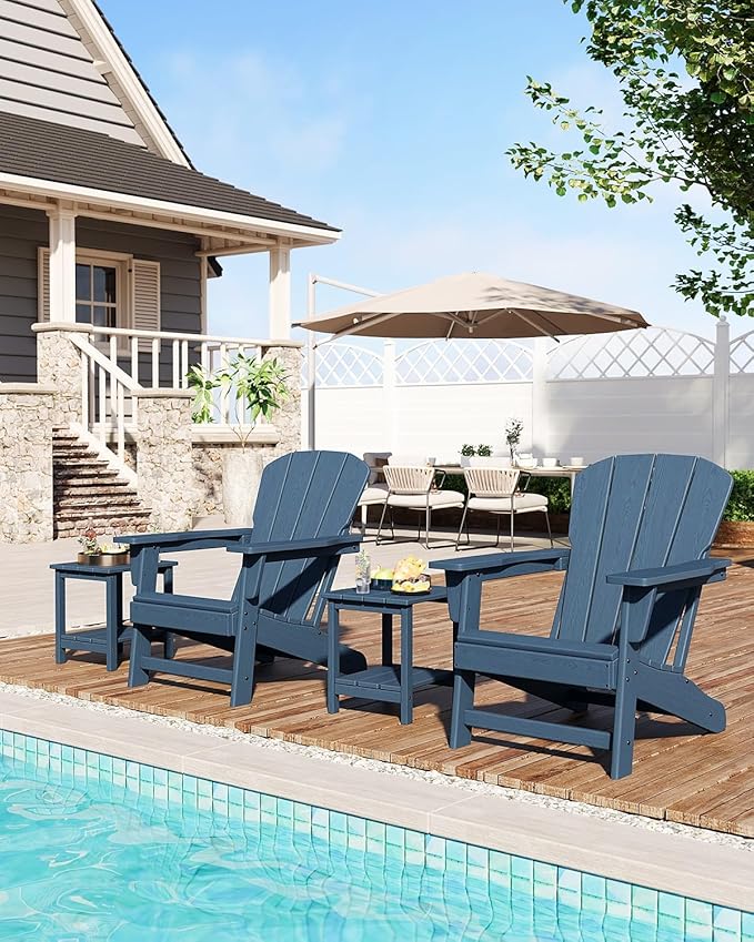 Modern HDPE Plastic Adirondack Chair - Oversize 380 LB Poly Lumber Weather Resistant Firepit Chair - Outdoor Patio Chairs with Wooden Textured for Garden, Backyard, Lawn, Deck, Pool, Porch - Navy Blue