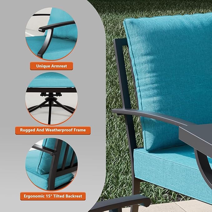 Kullavik 7 PCS Outdoor Dining Table Set for 6,Fence Pattern Back Chairs,Iron Longboard X-Leg Table w/Parasol Hole,Patio Furniture Set for Backyard,Garden,Poolside-Blue