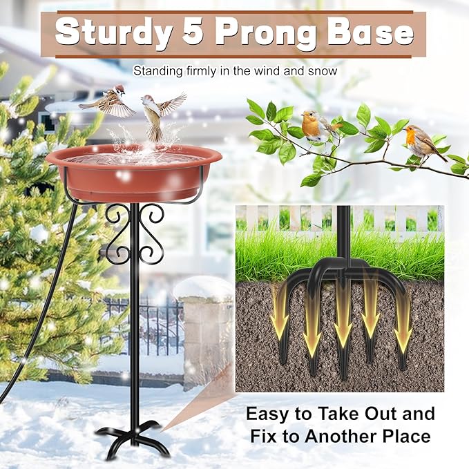 Heated Bird Baths for Outdoors,Large Capacity 100W Thermostat Control Heated Birdbath with 5-Prong Metal Base Water Heated Bird Bath Bowl for Outside Winter Garden Patio Yard Lawn(Brown)