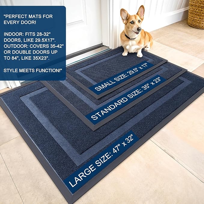 OLANLY Front Door Mat Indoor Outdoor Entrance, Waterproof All-Season, All-Weather Doormat, Sturdy Natural Rubber, Fade Resistant, Low Profile, Easy Clean Patio Porch Entryway Mat, 33x21, Blue