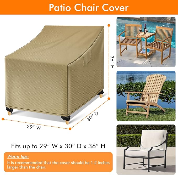 WLEAFJ Outdoor Chair Covers Waterproof, Khaki Lawn Patio Furniture Covers, Heavy Duty Wicker Garden Sofa Chair Cover, 2 Pack - 29" W x 30" D x 36" H