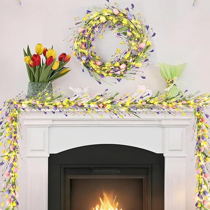 6.5 Ft Easter Colorful Eggs Garland for Mantle Spring Summer Pastel Artificial Flower Garlands Vines Easter Decorations for Home Mantle Fireplace Indoor Holiday Decor