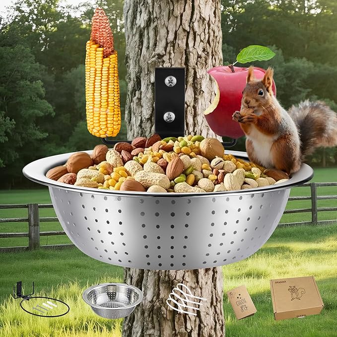 Squirrel Feeder with Metal Drainage Bowl, Squirrel Feeders for Outside, 8.5" Removable Bowl Easy to Clean/Refill, 2 Squirrel Corn Cob Spikes for Various Food, Tree/Fence Mount,Notebook(Brown)