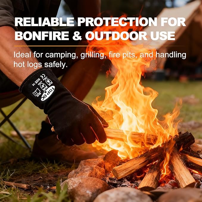 TOPDC Fireplace Gloves 14 Inches Welding Gloves Fire/Heat Resistant Leather Durable & Flexible for Wood Stove Fire Pit Campfire Grill BBQ Oven Mig/Stick Welding Furnace Handling - Christmas Gift, L