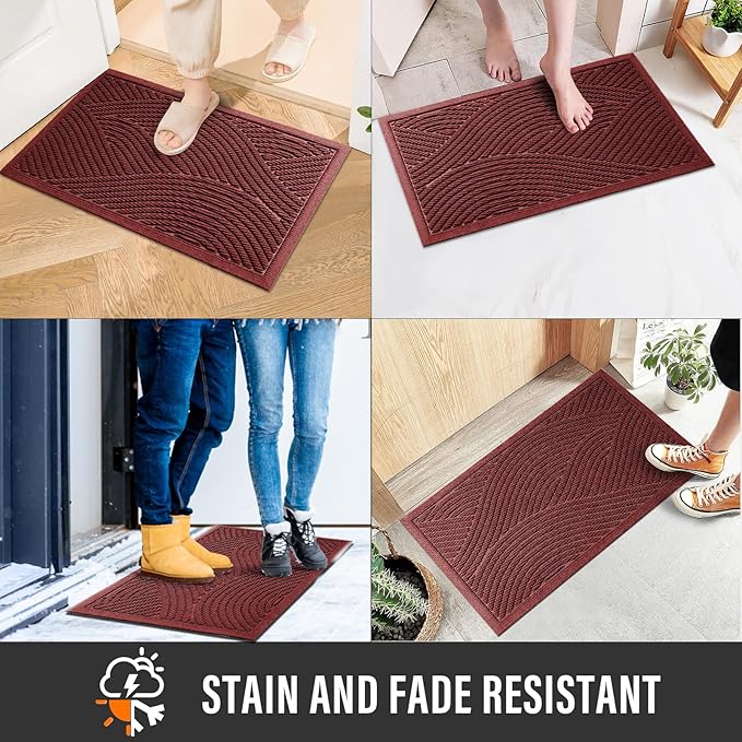 Sturdy Front Door Mat, Absorbent Muddy Dirt Resist Welcome Door Mats Outdoor Indoor, Stain and Fade Resistant, Non-Slip Backing Entry Mat Low Profile Doormat for Entryway, 29×17, Red