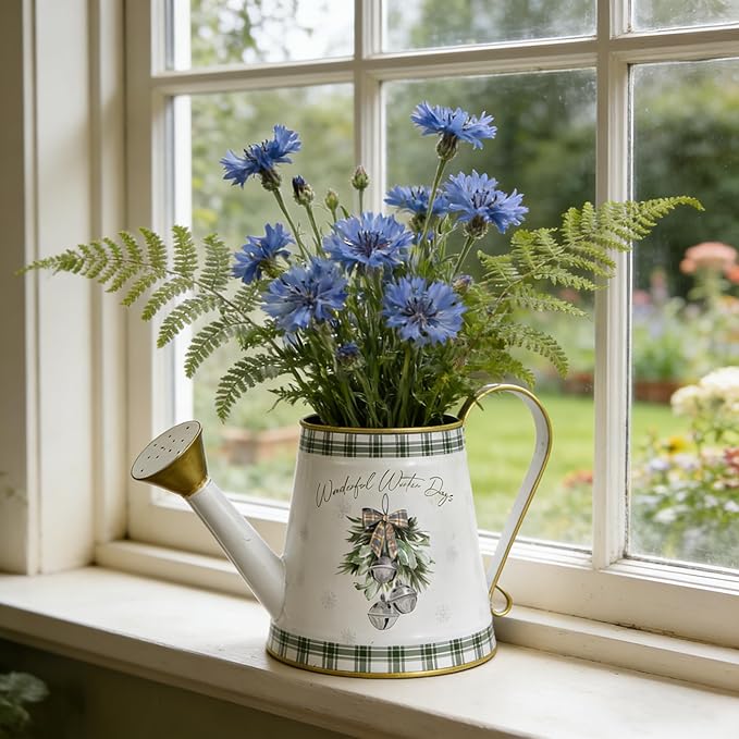 Vintage Metal Christmas Watering Can Decor - Wonderful Winter Days Design with Bell Wreath, Rustic Farmhouse Watering Pot Garden Decorative Planter for Holiday Home Mantel Tabletop Xmas Decor