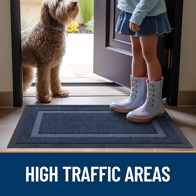 OLANLY Front Door Mat Indoor Outdoor Entrance, Waterproof All-Season, All-Weather Doormat, Sturdy Natural Rubber, Fade Resistant, Low Profile, Easy Clean Patio Porch Entryway Mat, 36x24, Blue