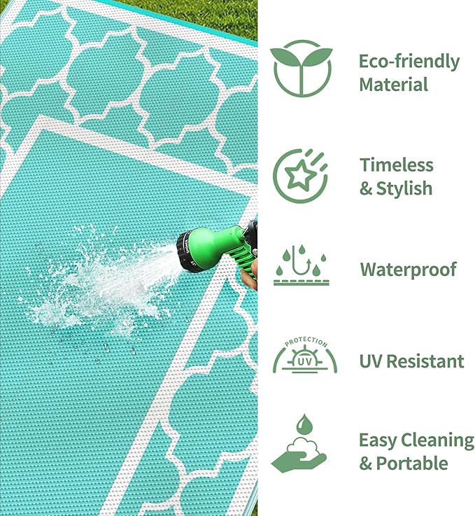 GENIMO 9 ' x 12 ' Outdoor Rug for Patio Clearance, Waterproof Indoor Outdoor Plastic Straw Rugs Carpet, Reversible Outside Area Mat for Camping, Balcony Porch, Deck, Picnic, Beach Aqua Blue & White