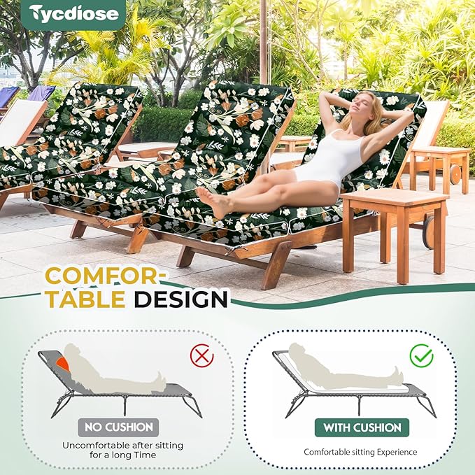 Outdoor Chaise Lounge Chair Cushion, Waterproof Non-Slip Patio Chaise Lounge Cushions for Outdoor Furniture, Thickened Patio Pool Lounge Chair Cushion, 76.4 x 22.8 x 4.7 Inches, Green Floral