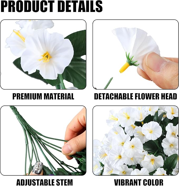 Sggvecsy Artificial Fake Hanging Flowers Plants for Outdoor Outside Spring Summer Decoration 2PCS Faux Silk UV Resistant Realistic Morning Glory Trailing Vines for Home Porch Patio Balcony(White)